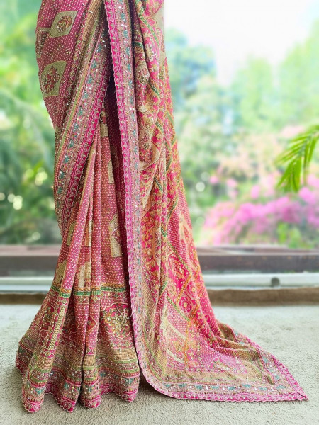 Prisha Pink Printed Saree with Sequin Work