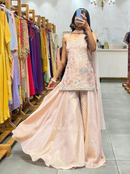 Noirvi Peach Chinon Kurta Palazzo Set with Cut Dana Sequin Work