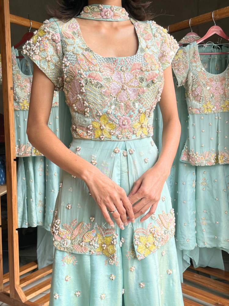 Image of little flower Sky Blue Viscose Georgette Indo Western Sharara Set