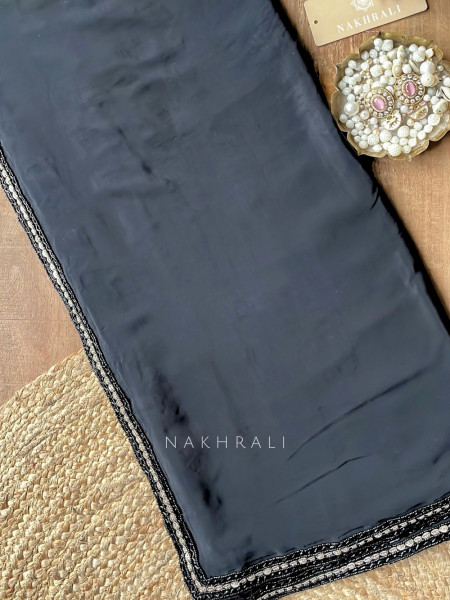 Nox-Aura Jet Black Encrusted Sequin Saree with Pearl-Trim Border
