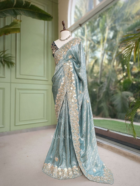 Symphony Sea Green Saree with Zardozi Floral Embroidery