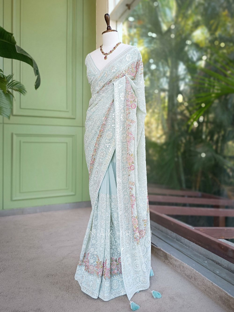 Image of Ecru Grace Sea Green Embroidered Elegance Saree with Sequin Detailing