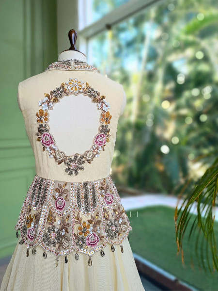 Linear Eden Cream Georgette & Tulle Net Lehenga
