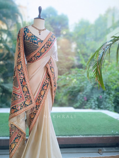 Mehr Cream & Teal Blue Fusion Saree