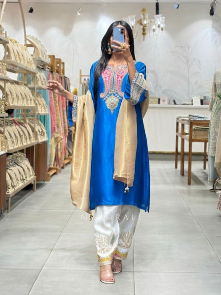 Resham Rang Blue Silk Blend Farshi Suit Set With Zari, Zardozi & Resham Embroidery