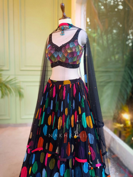 Midnight Black Cut Dana Work Lehenga