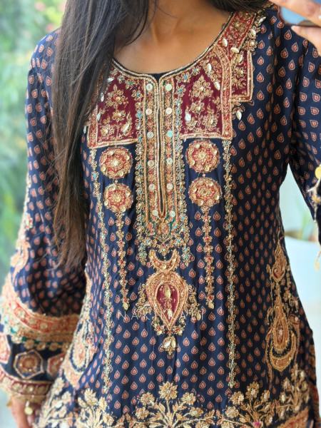 Aura-Miyan Blue Crepe Silk Farshi Suit Set