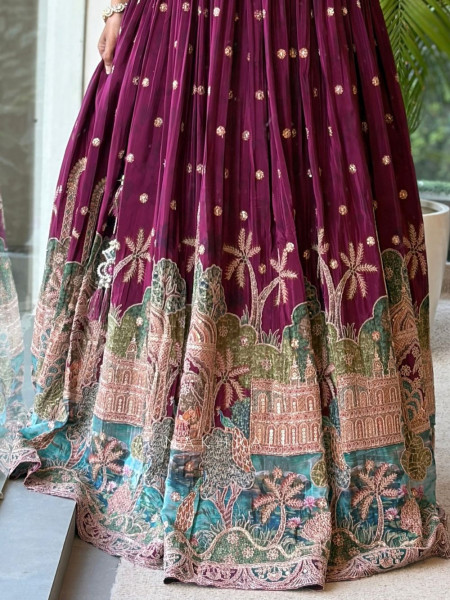 Jharokha Tales Wine Lehenga with Pichwai-Inspired Embroidery