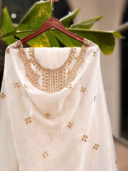 Vanilla Hue Ivory Tissue Dress Material with Sequin & Cut Dana Work