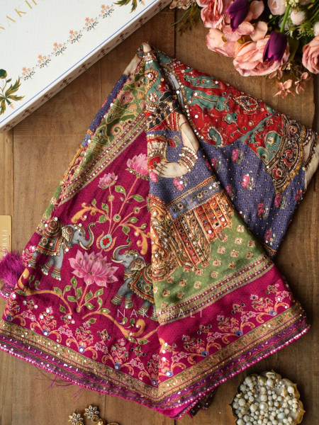 Nrityagopi Multicolor Modal Satin Silk Pichwai Printed Saree with Mirror & Zari Work