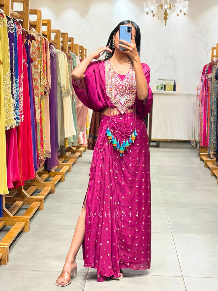 Image of Boho Pink Chinon Drape Skirt Set with Embroidered Tassel Yoke