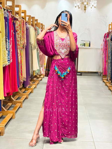 Boho Pink Chinon Drape Skirt Set with Embroidered Tassel Yoke