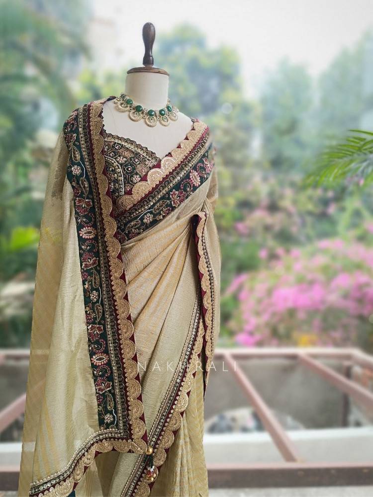 Image of Navpallav Bottle Green Tissue Saree with Sequin Bead Embroidery