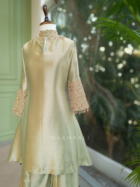 Roselle Pista Green Zari & Sequin Kurta Palazzo Set