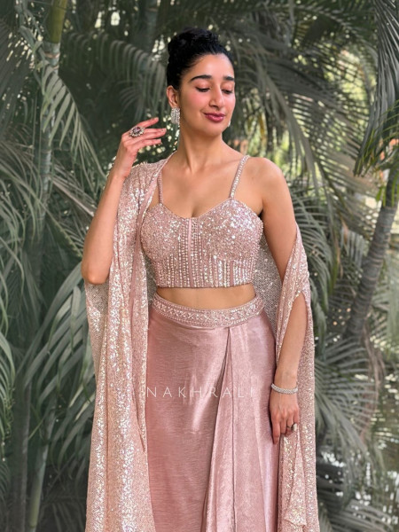 Roséveil Pink Corset Skirt Set with Sequin Work and Cape Shrug