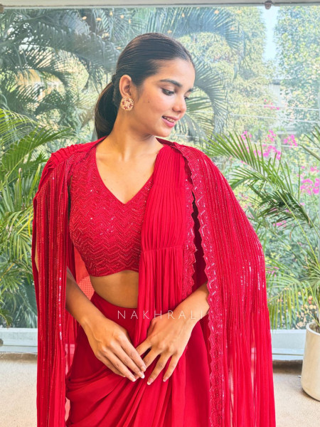 Serenara Red Drape Saree with Embellished Cape
