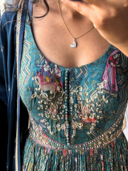 Zorika Teal Printed Anarkali Suit Set with Sequin Zari Work