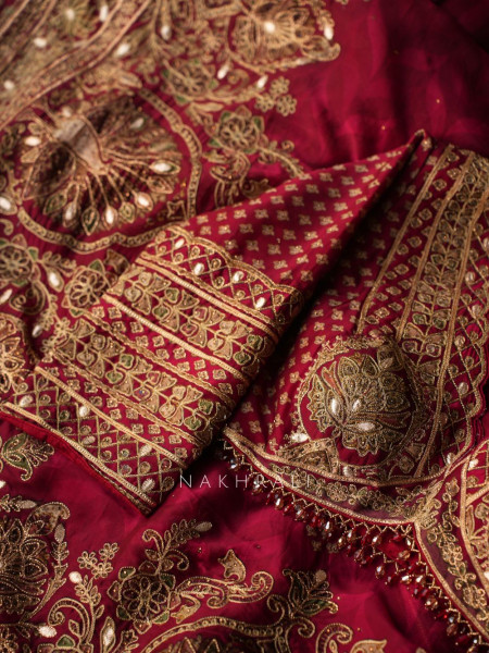Virasat Maroon Crepe Saree with Heavy Embroidery and Readymade Blouse