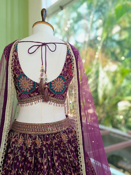 Gulaal-e-Firdaus Purple Green Lehenga Set Embroidery & Mirror Work