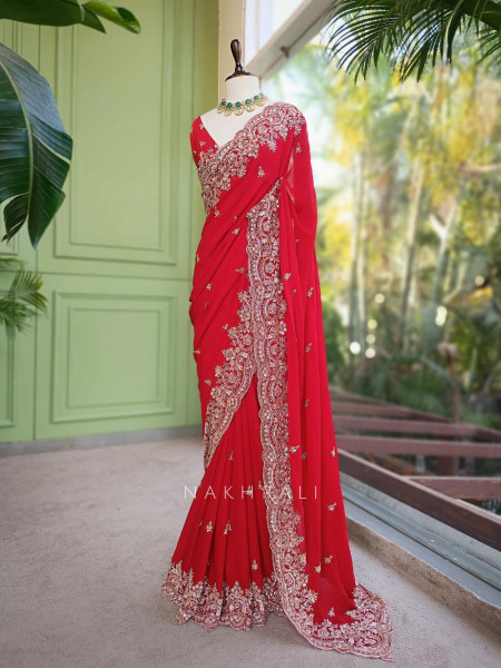 Rivaya Red Saree with Cut Dana and Sequin Work