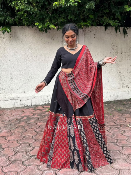 Pravika Black Pure Cotton Chaniya Choli Ajrakh Kalamkari Patchwork & Gota Detail