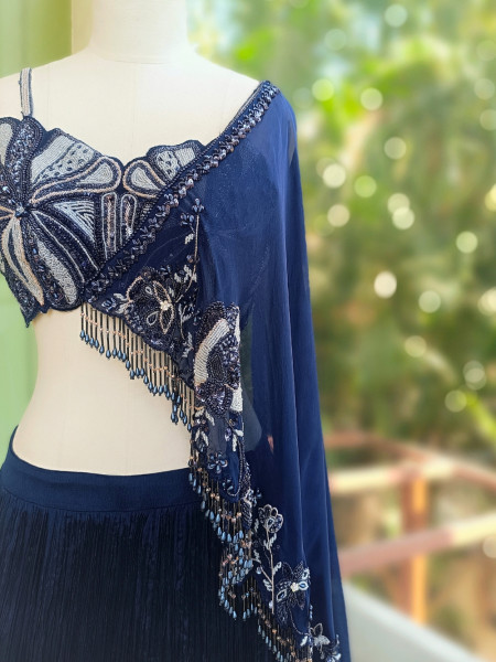 Midnight Blue Indo Western Lehenga with Bead Fringe and Sequin Embellishment