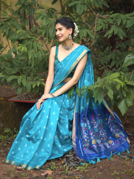 Mayur Blue Chanderi Saree with Floral Ikat Print
