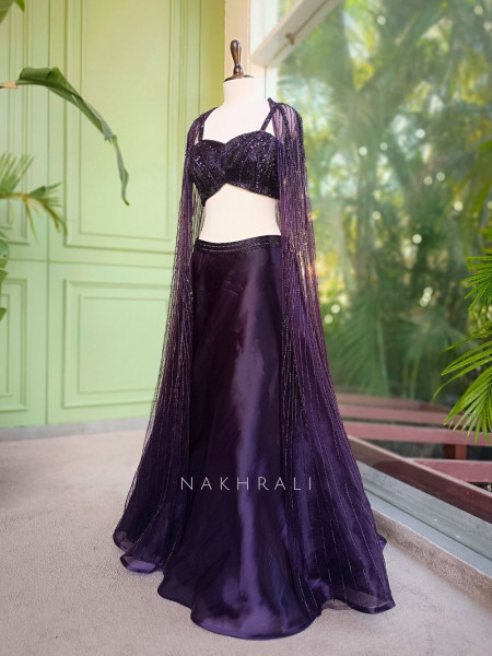 Roshira Wine Indo-Western Lehenga Set with Cut Dana and Sequin Work