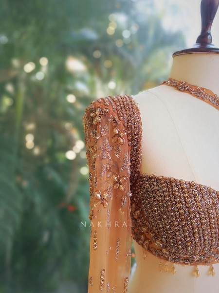 Amber Glow Net Bridal Indo-Western Lehenga with Sequin Embroidery