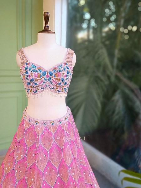 Azmira Blue Pink Floral Lehenga Set with Sequin and Bead Work