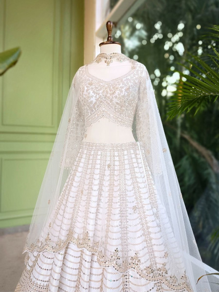 Ravya Cream Mirror and Beads Work Lehenga Set
