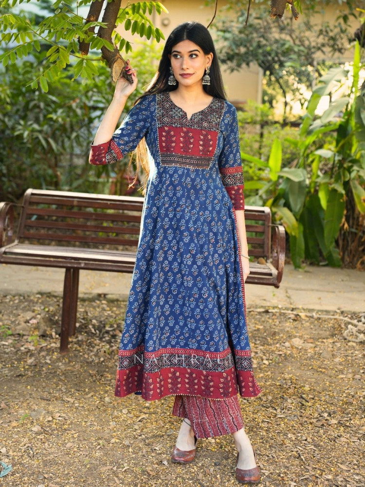 Image of Noori Blue Cotton Flared Kurta