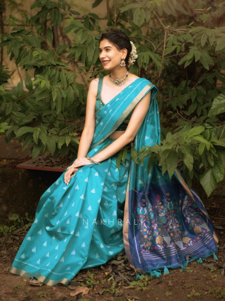 Mayur Blue Chanderi Saree with Floral Ikat Print