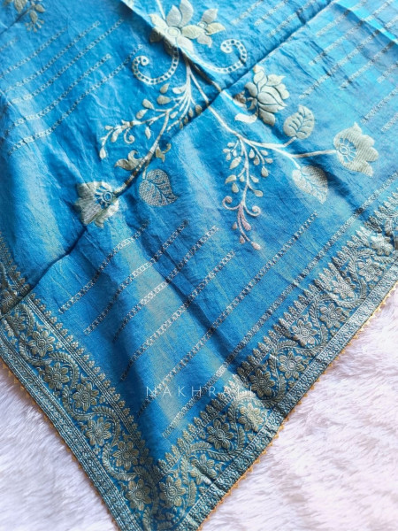 Noorline Glow Blue Semi-stitched Dress Material with Sequin and Cut Dana Work