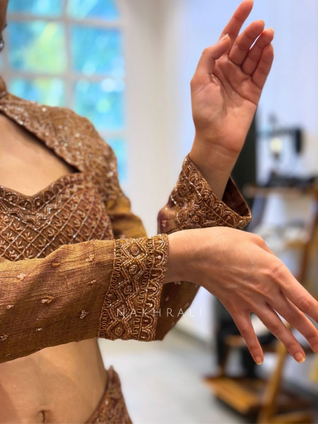 Nyra Brown Indo-Western Palazzo Set with Embroidered Jacket Detail