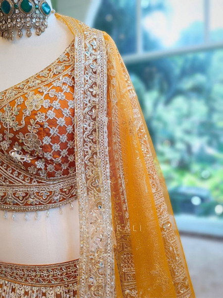 Golden Flare Orange Lehenga with Thread and Sequin Work