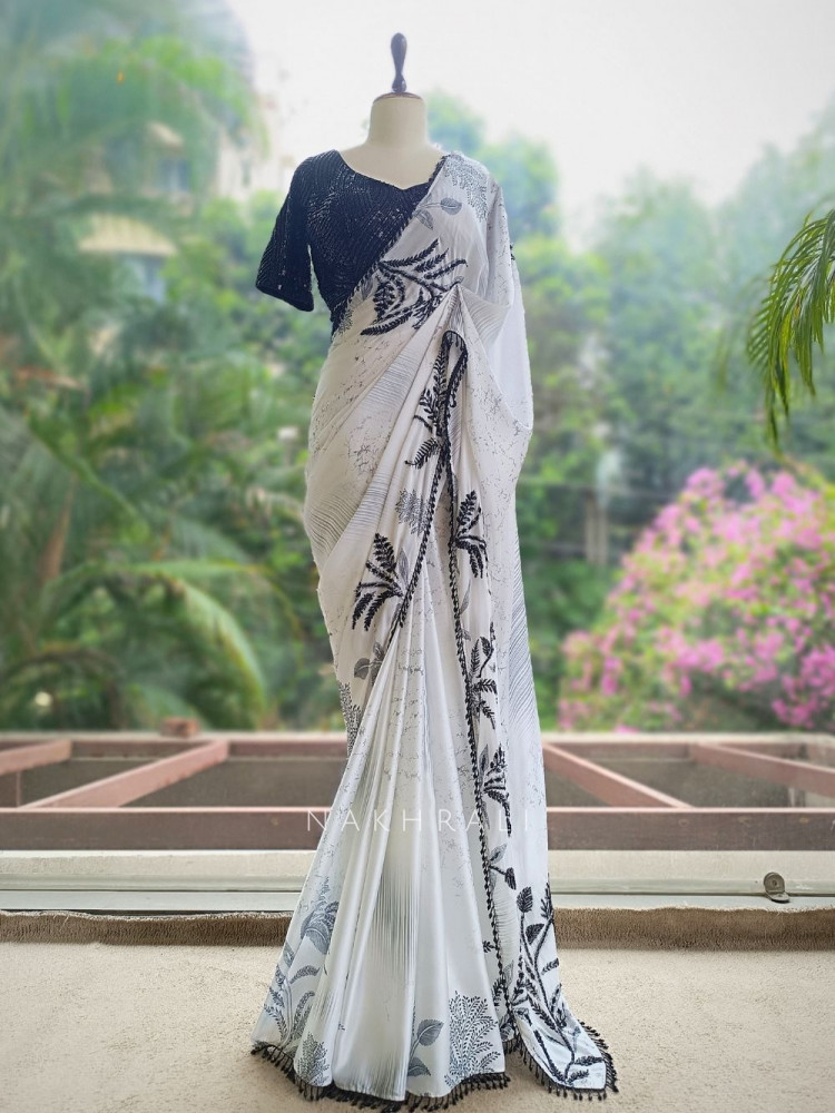 Image of Midnight Marble Black &amp; White Premium Chiffon Georgette Blend Saree With Readymade Blouse