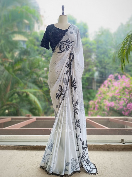 Midnight Marble Black & White Premium Chiffon Georgette Blend Saree With Readymade Blouse