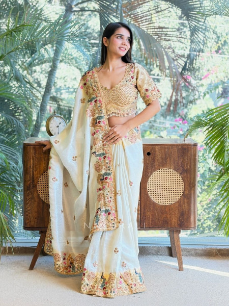 Elara Cream Embroidered Saree with Readymade Blouse
