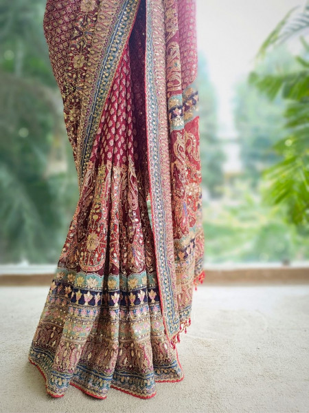 Ruby Red Saree with Zari and Sequin Work