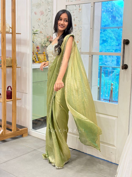 Karishma Pista Green Mirror Work Drape Saree