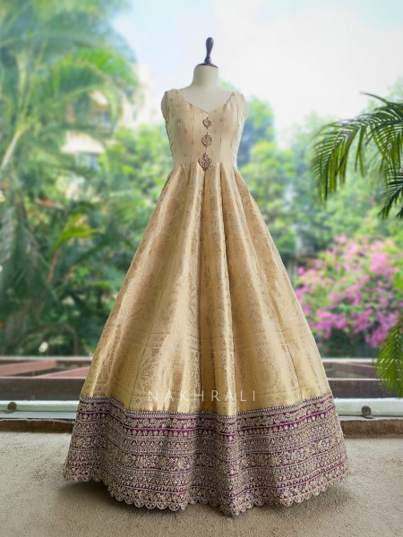 Elegant Ombre Cream Banarasi Silk Anarkali Suit Set with Border & Potli Bag