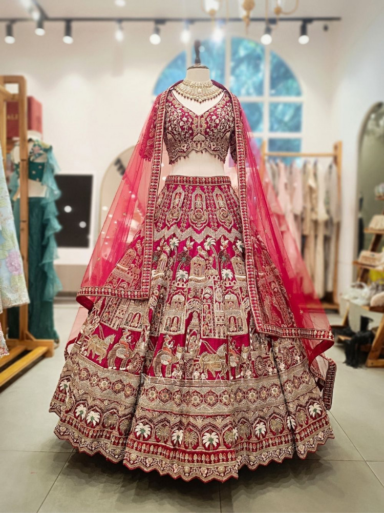 Image of Veloria Red Bridal Lehenga with Zari and Sequin Work