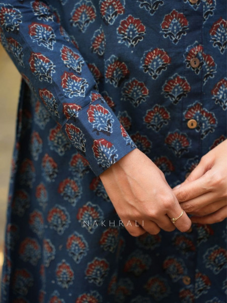 Rihana Blue Cotton Block Printed Button-Down Dress