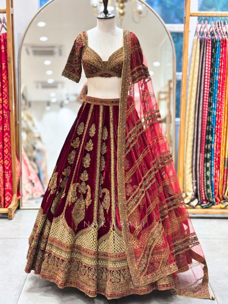 Zohra Luxe Maroon Velvet Bridal Lehenga with Mirror, Sequin, and Cut Dana Work