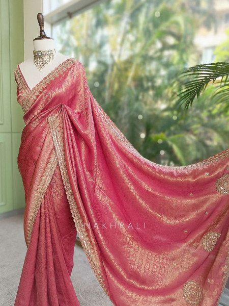 Chitranga Onion Pink Banarasi Brocade Saree with Embellished Border