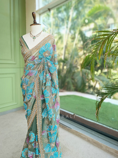 Firoza Bagh Olive Sage Green Organza Saree with Oversized Floral Resham Embroidery