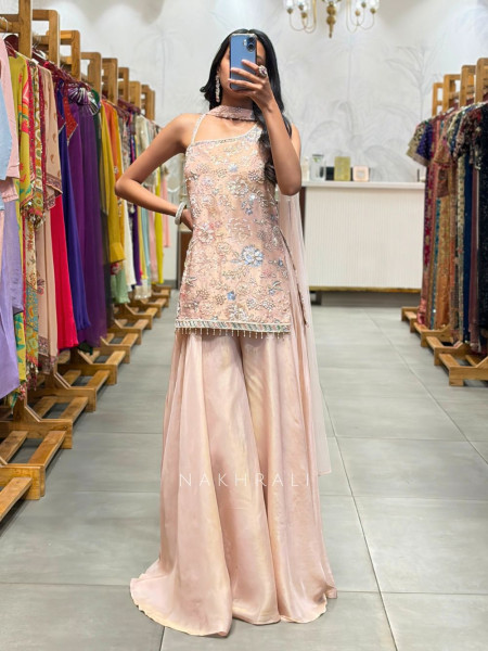 Noirvi Peach Chinon Kurta Palazzo Set with Cut Dana Sequin Work