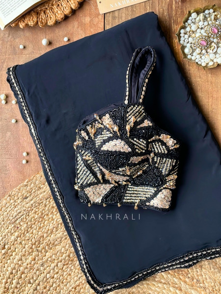 Nox-Aura Jet Black Encrusted Sequin Saree with Pearl-Trim Border