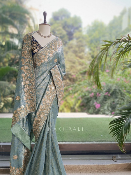 Symphony Sea Green Saree with Zardozi Floral Embroidery